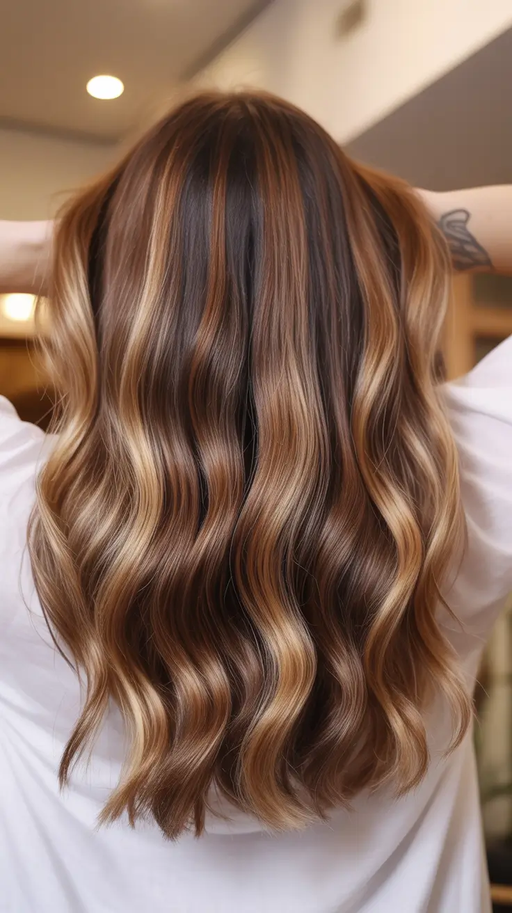 elegant spring caramel hair color 2026 Long Brunette Waves with Caramel Illumination