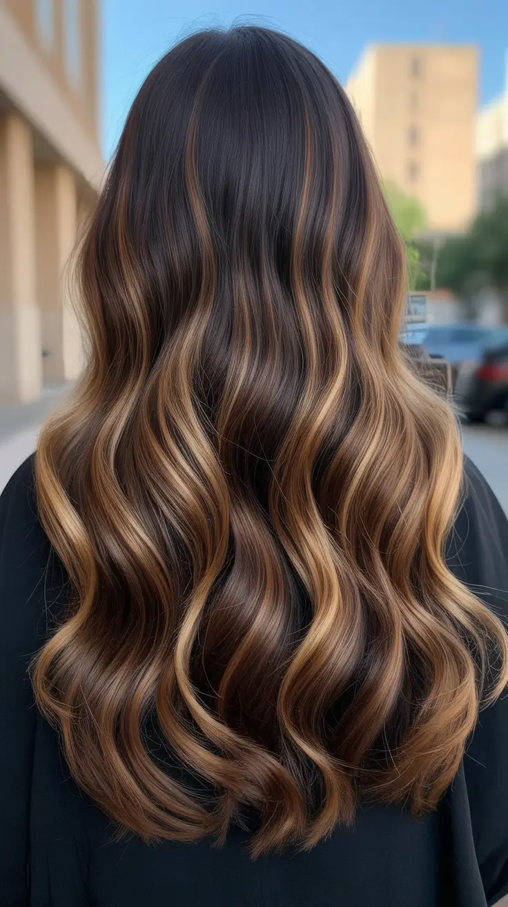 elegant spring caramel hair color 2026 Deep Brunette with Seamless Caramel Dimension