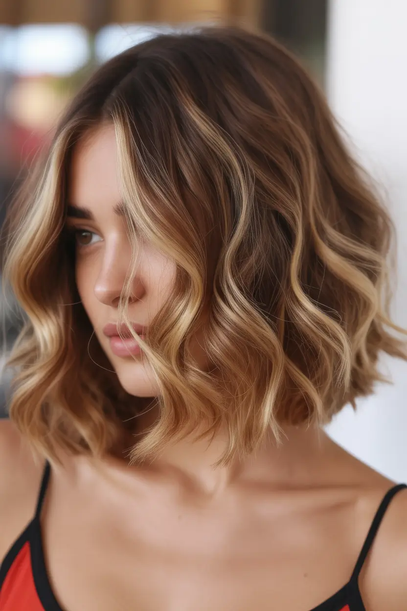 elegant spring caramel hair color 2026 Layered Caramel Bob with Bright Face Highlights