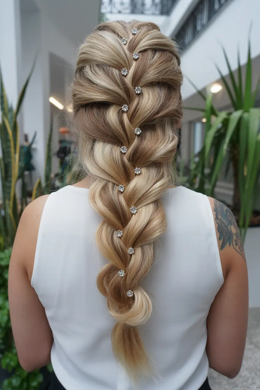 elegant spring formal hairstyle 2026 Voluminous Embellished Braid with Crystal Accents
