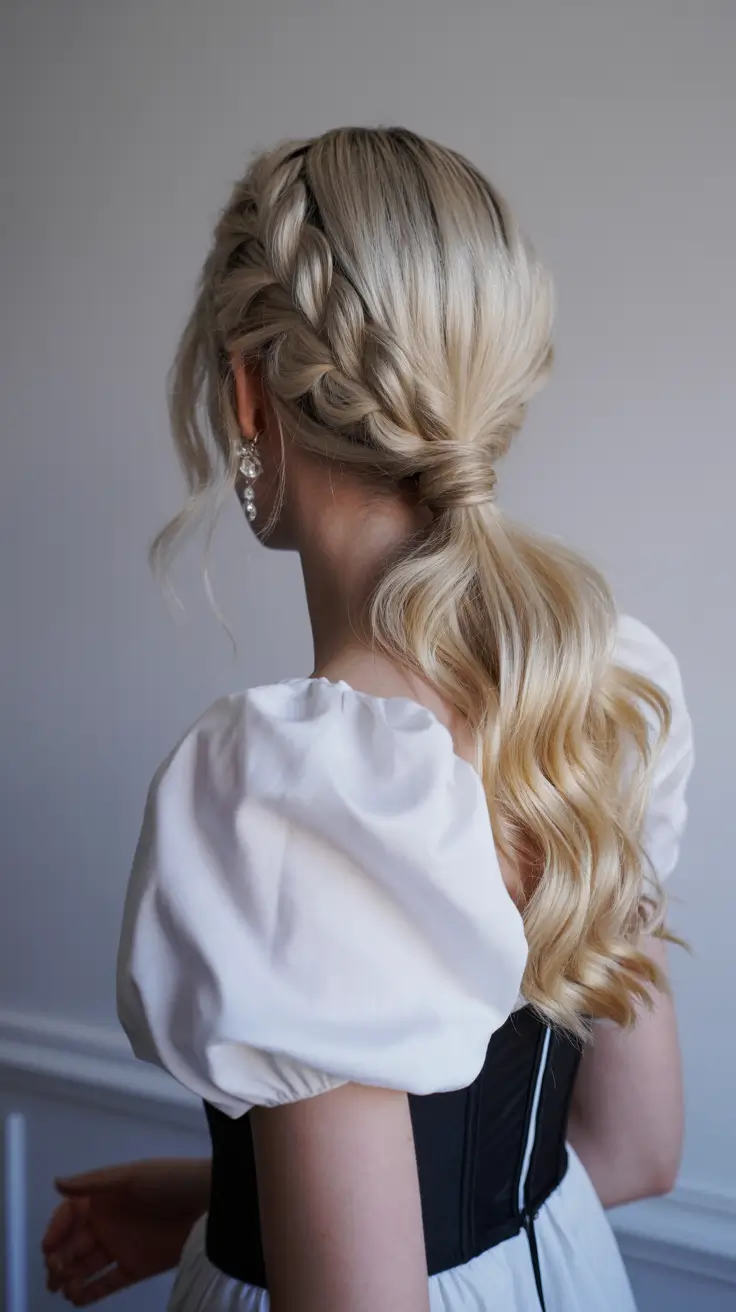 elegant spring formal hairstyle 2026 Romantic Braided Low Ponytail with Soft Waves