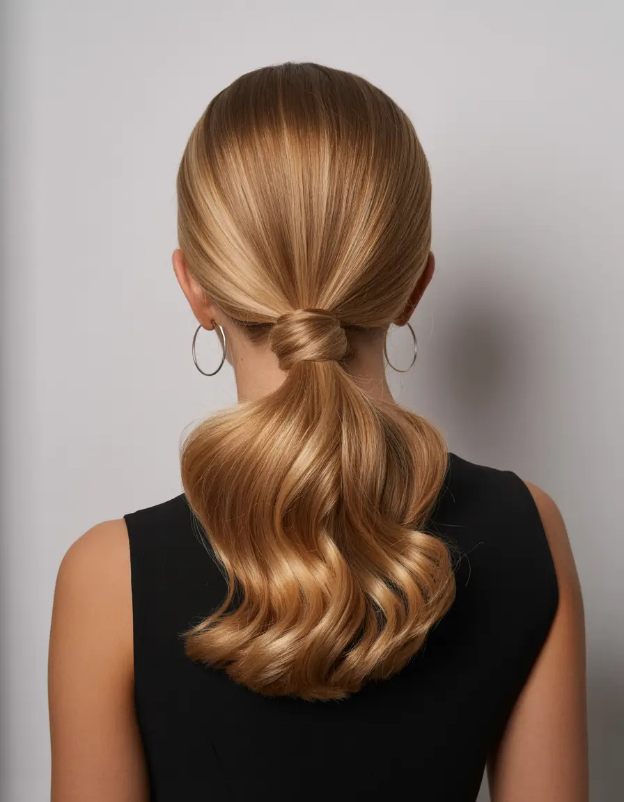 elegant spring formal hairstyle 2026 Sleek Low Ponytail with Glossy Sculpted Finish