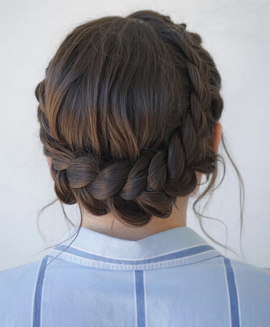 elegant spring formal hairstyle 2026 Low Braided Updo with Soft Volume and Definition