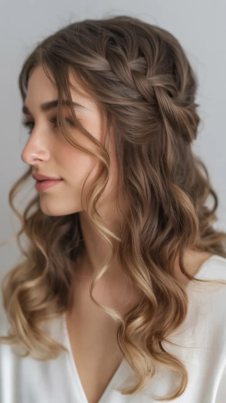 elegant spring formal hairstyle 2026 Loose Half Up Braid with Soft Golden Waves