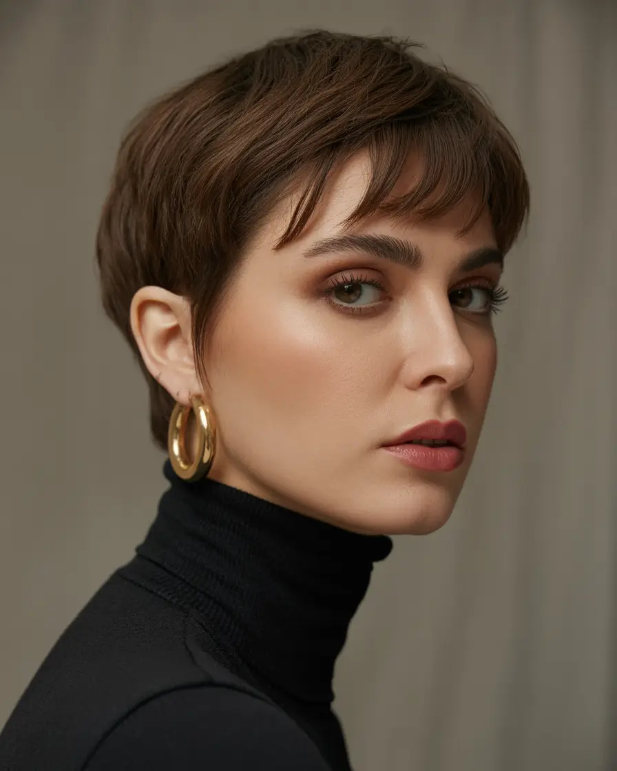 elegant spring haircuts for chubby faces 2026 Soft Tapered Pixie With Subtle Bang Movement
