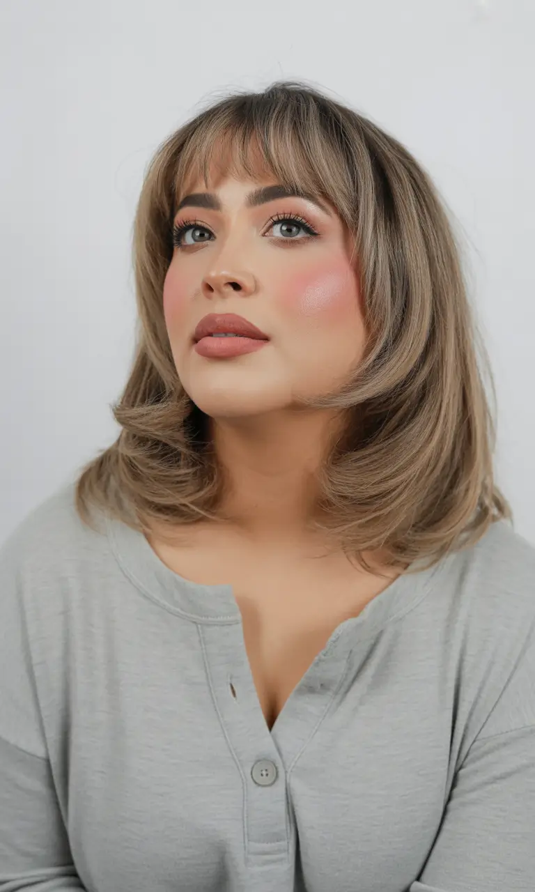 elegant spring haircuts for chubby faces 2026 Feathered Mid-Length Cut With Soft Baby Bangs