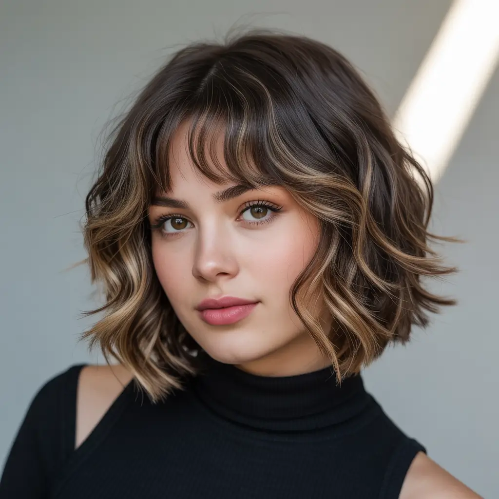 elegant spring haircuts for chubby faces 2026 Wavy Bob With Soft Baby Bangs and Light Highlights