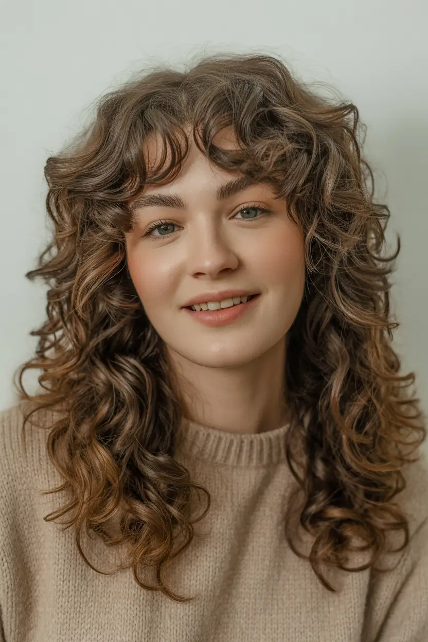 elegant spring haircuts for chubby faces 2026 Curly Layered Shag With Breezy Fringe