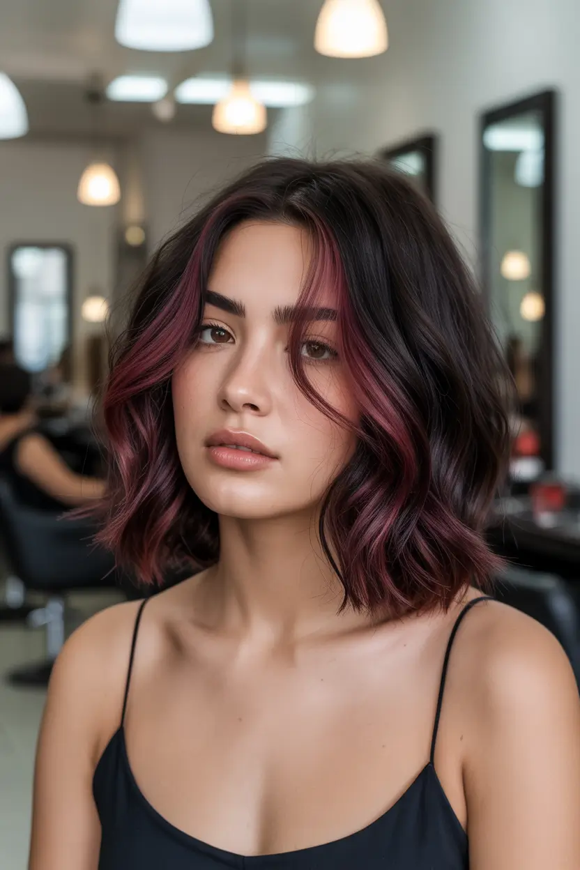 elegant spring haircuts for chubby faces 2026 Wavy Medium Bob With Berry-Toned Accents