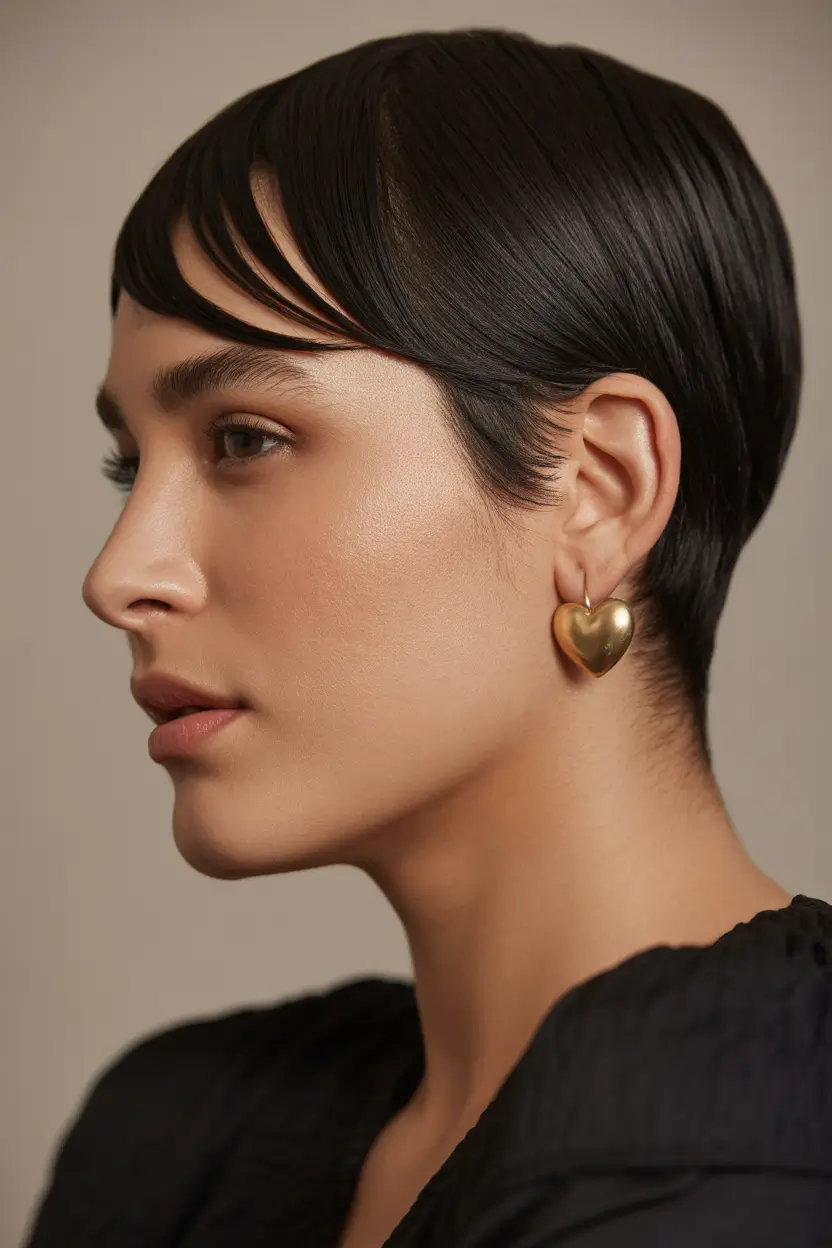 elegant spring haircuts for chubby faces 2026 Wet Look Sculpted Pixie With Artistic Detailing