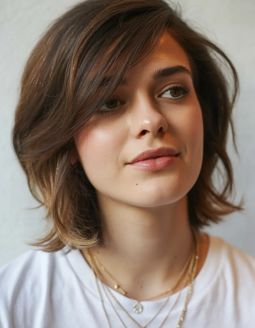elegant spring haircuts for chubby faces 2026 Side Swept Layered Bob With Subtle Highlights