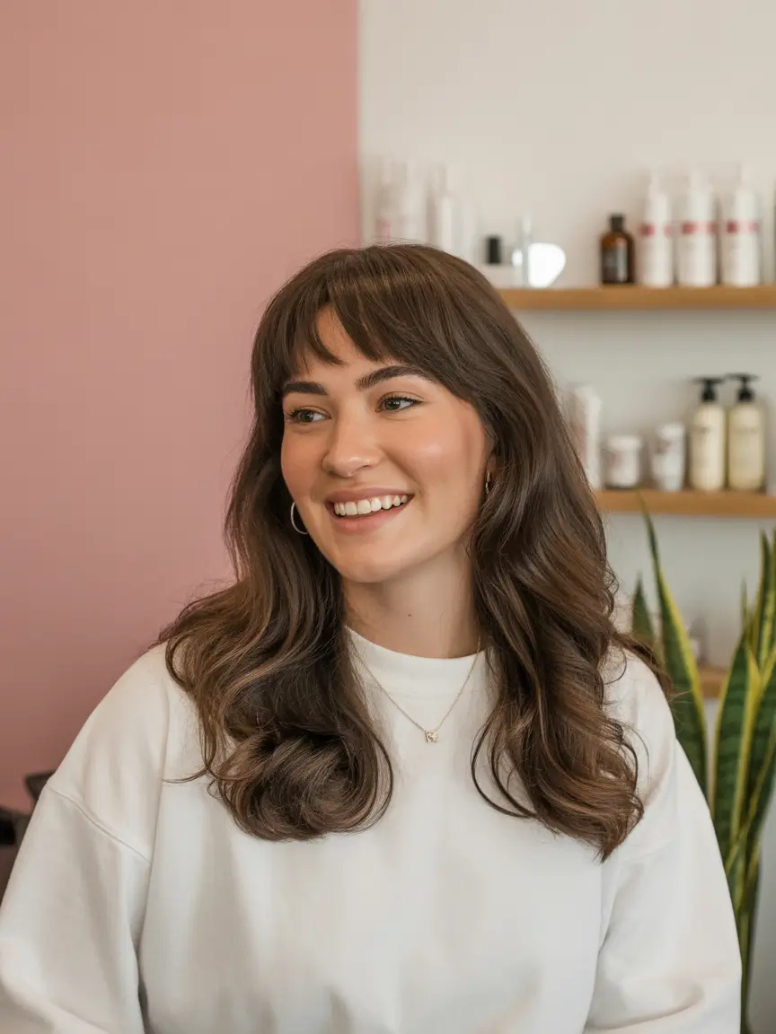 elegant spring haircuts for chubby faces 2026 Layered Mid-Length Waves With Curtain Fringe