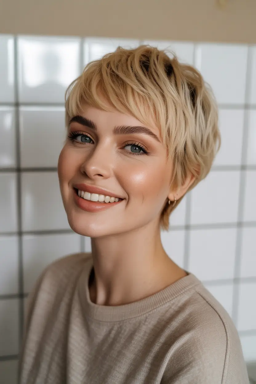 elegant spring haircuts for chubby faces 2026 Airy Blonde Pixie With Soft Textured Layers