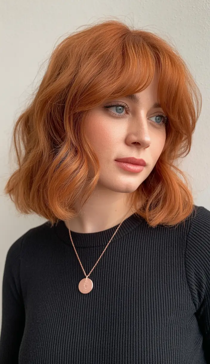 elegant spring haircuts for chubby faces 2026 Copper Wavy Bob With Soft Rounded Fringe