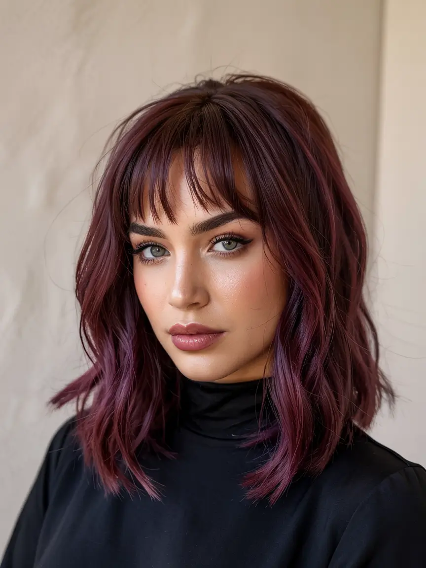 elegant spring maroon hair color 2026 Soft Burgundy Dark Bob with Wispy Fringe