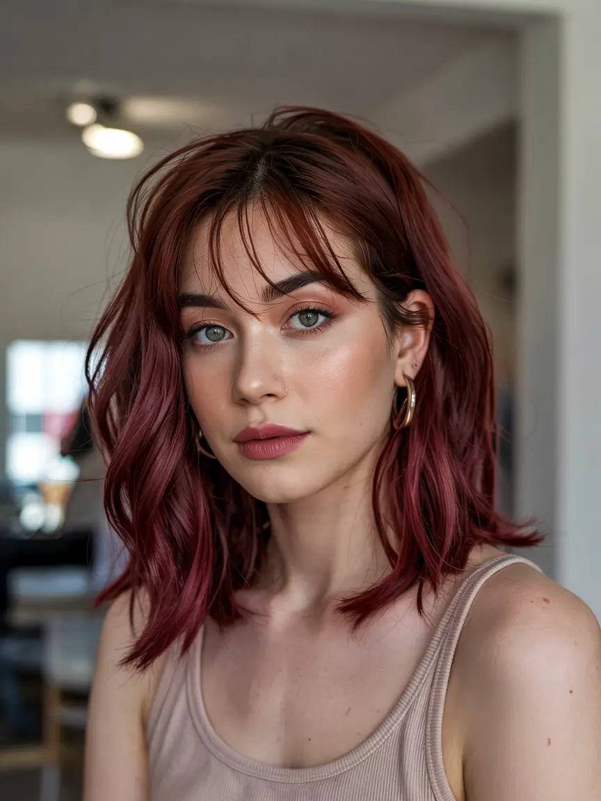 elegant spring maroon hair color 2026 Soft Burgundy Shag with Airy Fringe