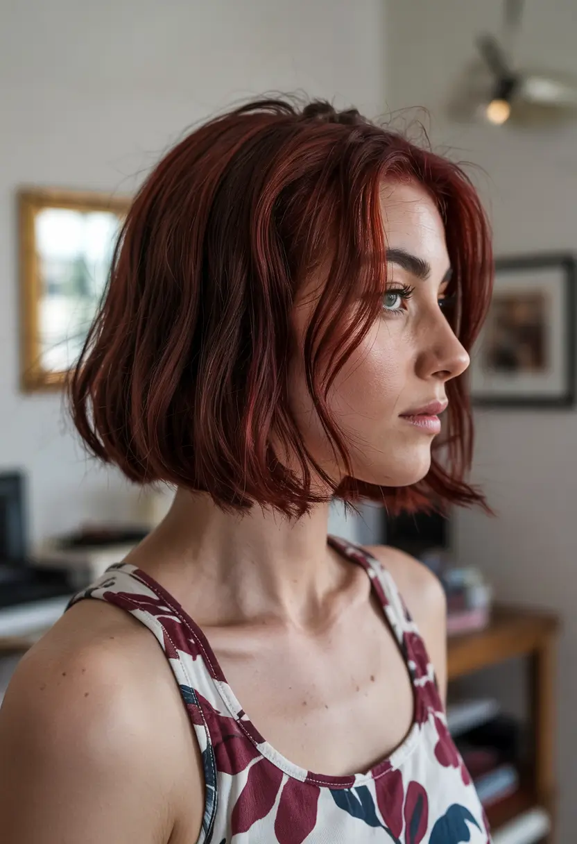 elegant spring maroon hair color 2026 Polished Burgundy Dark Bob with Side Volume