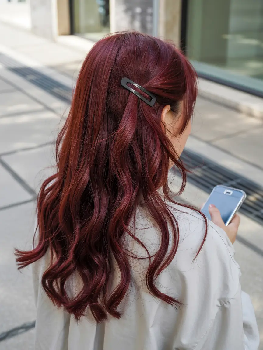 elegant spring maroon hair color 2026 Half Up Burgundy Waves with Street Elegance