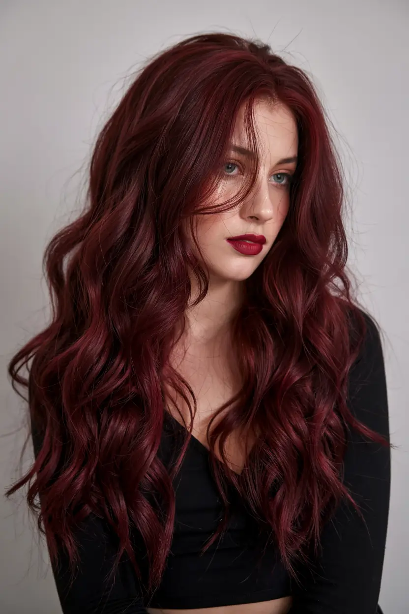 elegant spring maroon hair color 2026 Deep Wine Burgundy Glam Waves
