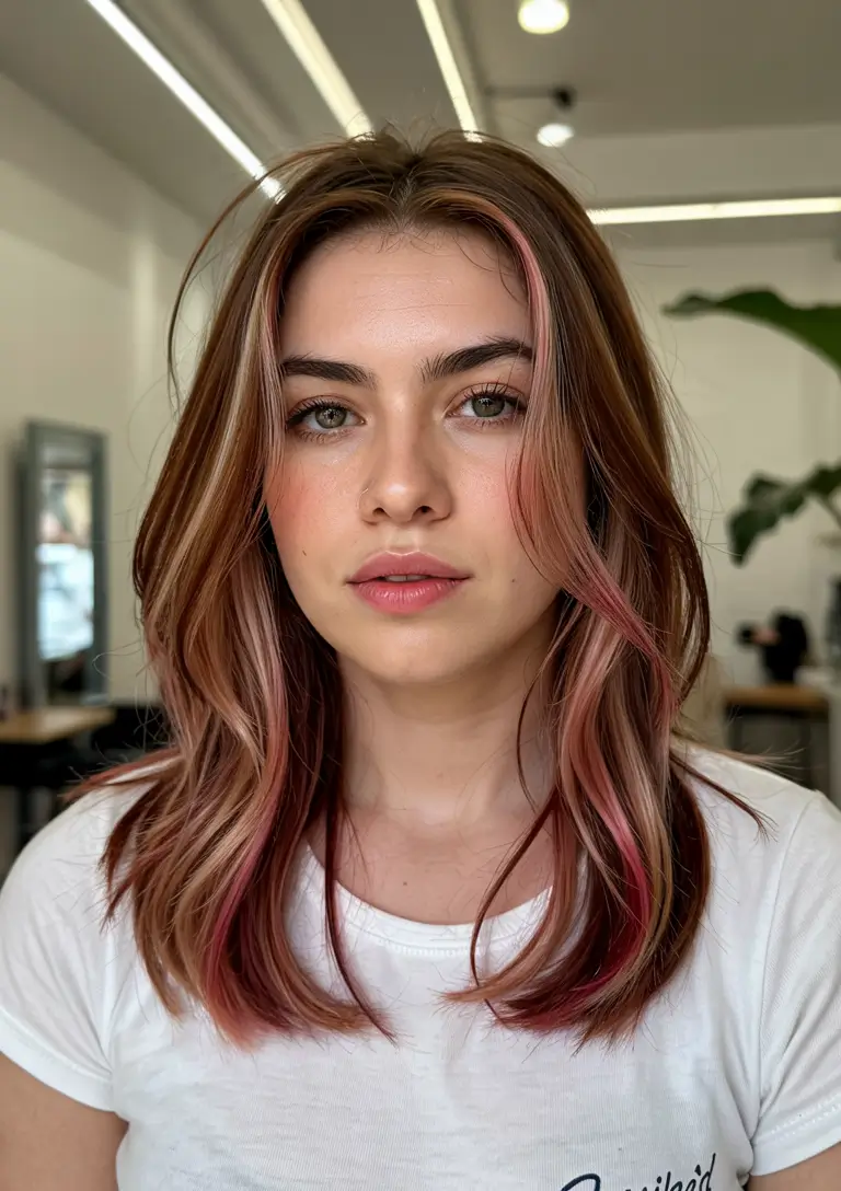 elegant spring maroon hair color 2026 Chocolate Maroon Layers with Light Pink Ribbons