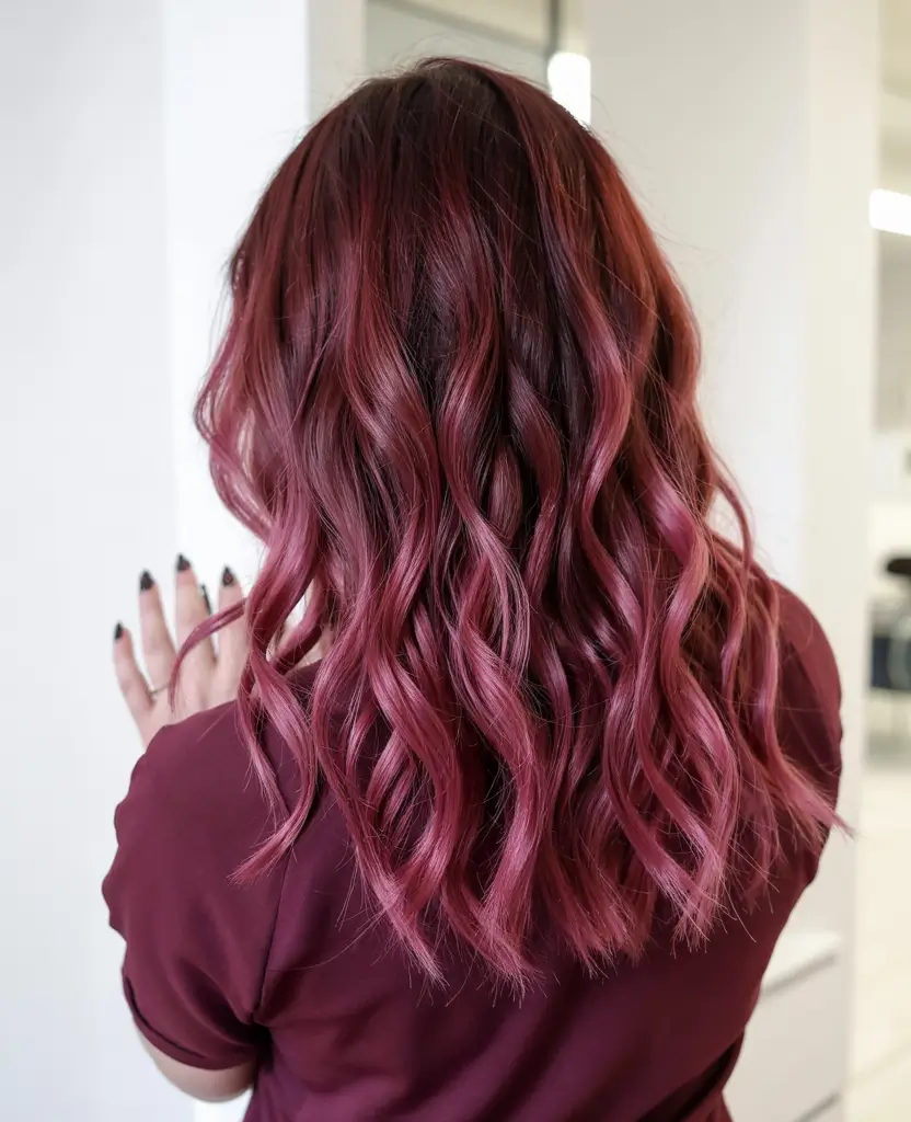 elegant spring maroon hair color 2026 Velvety Burgundy Ombre with Rose Ends