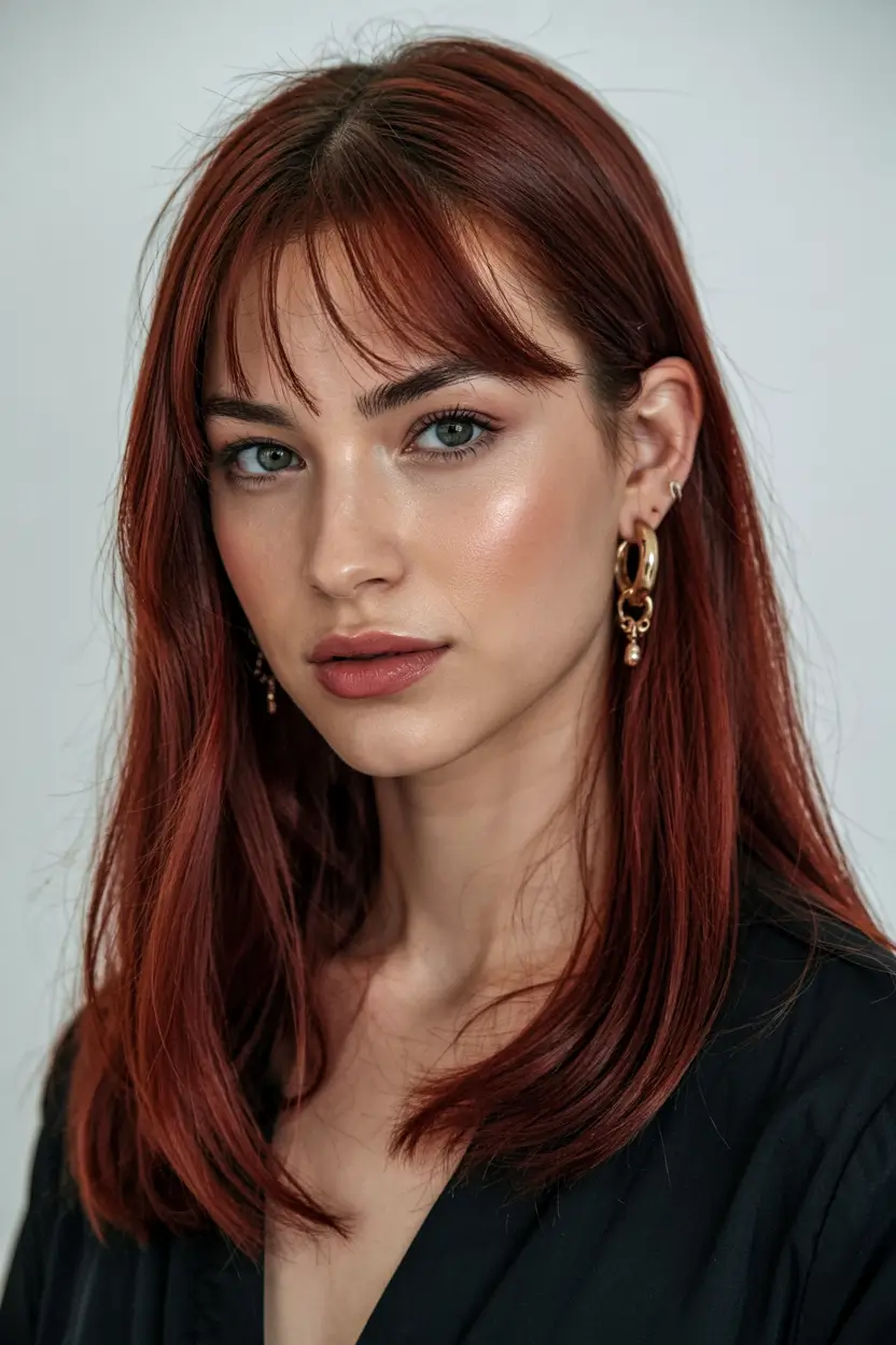 elegant spring maroon hair color 2026 Sleek Burgundy Red with Soft Curtain Fringe