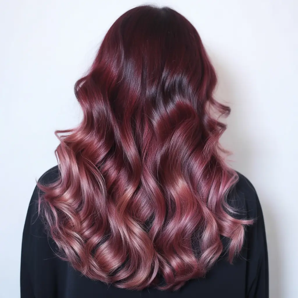 elegant spring maroon hair color 2026 Velvet Burgundy Waves with Rosy Dimension