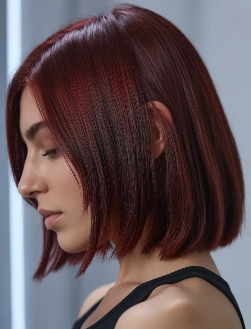 elegant spring maroon hair color 2026 Sharp Burgundy Dark Brown Short Bob