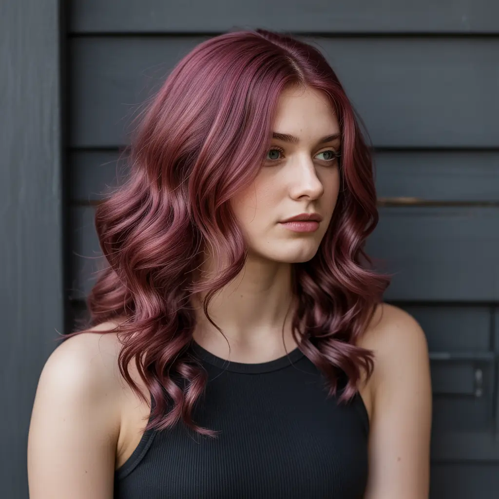 elegant spring maroon hair color 2026 Muted Plum Burgundy Shoulder Length Waves