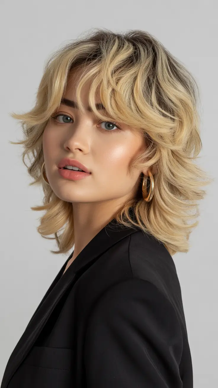 elegant spring shag hairstyle looks 2026 Soft Blonde Short Layered Shag with Feathered Bangs