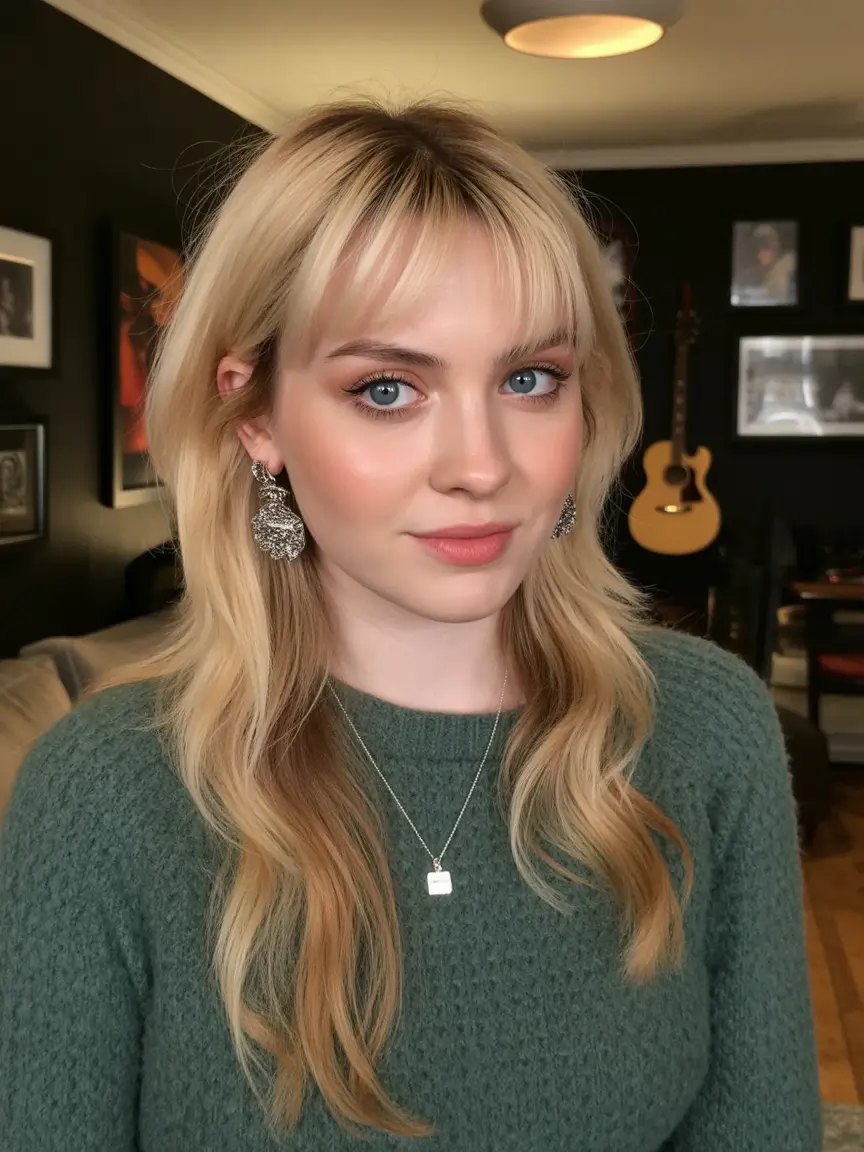 elegant spring shag hairstyle looks 2026 Soft Blonde Long Shag with Light Fringe and Natural Flow