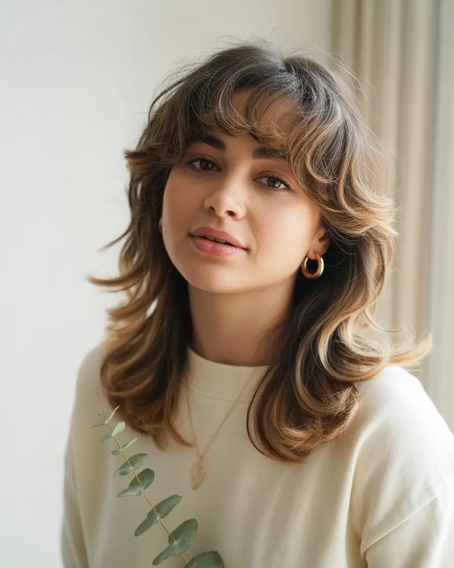 elegant spring shag hairstyle looks 2026 Soft Brown Medium Shag with Gentle Bangs and Natural Finish
