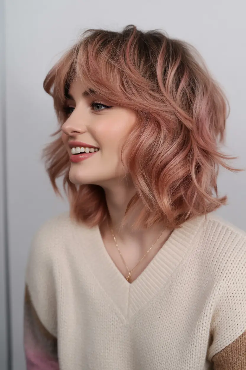 elegant spring shag hairstyle looks 2026 Peach Rose Medium Shag with Soft Waves