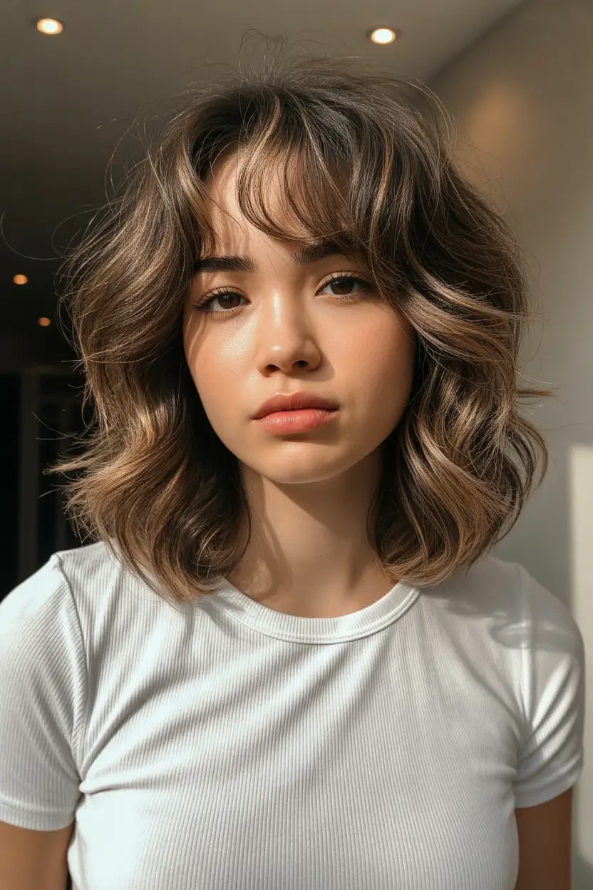 elegant spring shag hairstyle looks 2026 Dimensional Brunette Medium Shag with Natural Volume