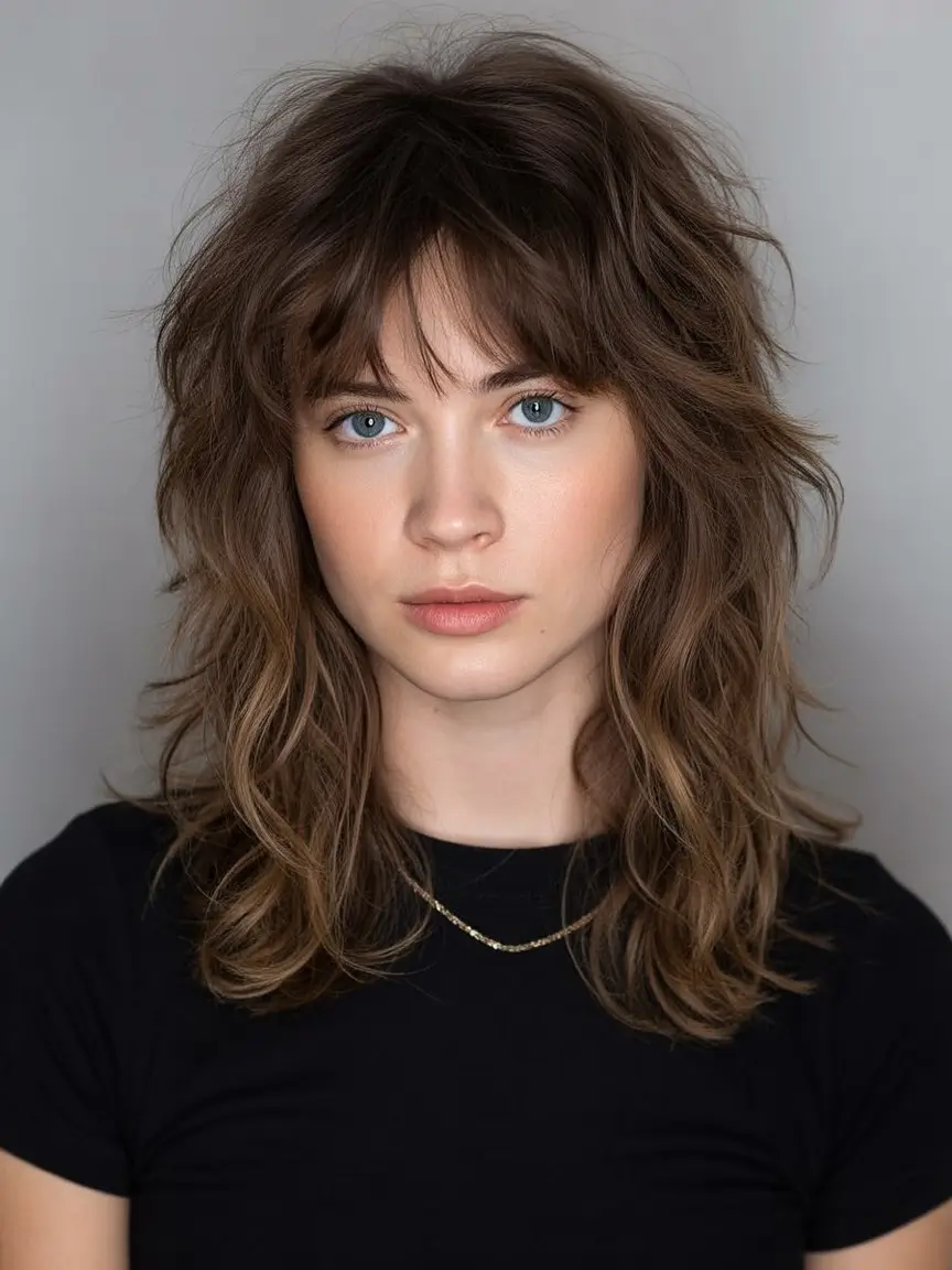 elegant spring shag hairstyle looks 2026 Textured Brown Long Shag with Wispy Bangs