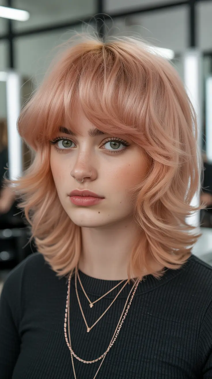 elegant spring shag hairstyle looks 2026 Blush Peach Short Layered Shag with Bold Fringe