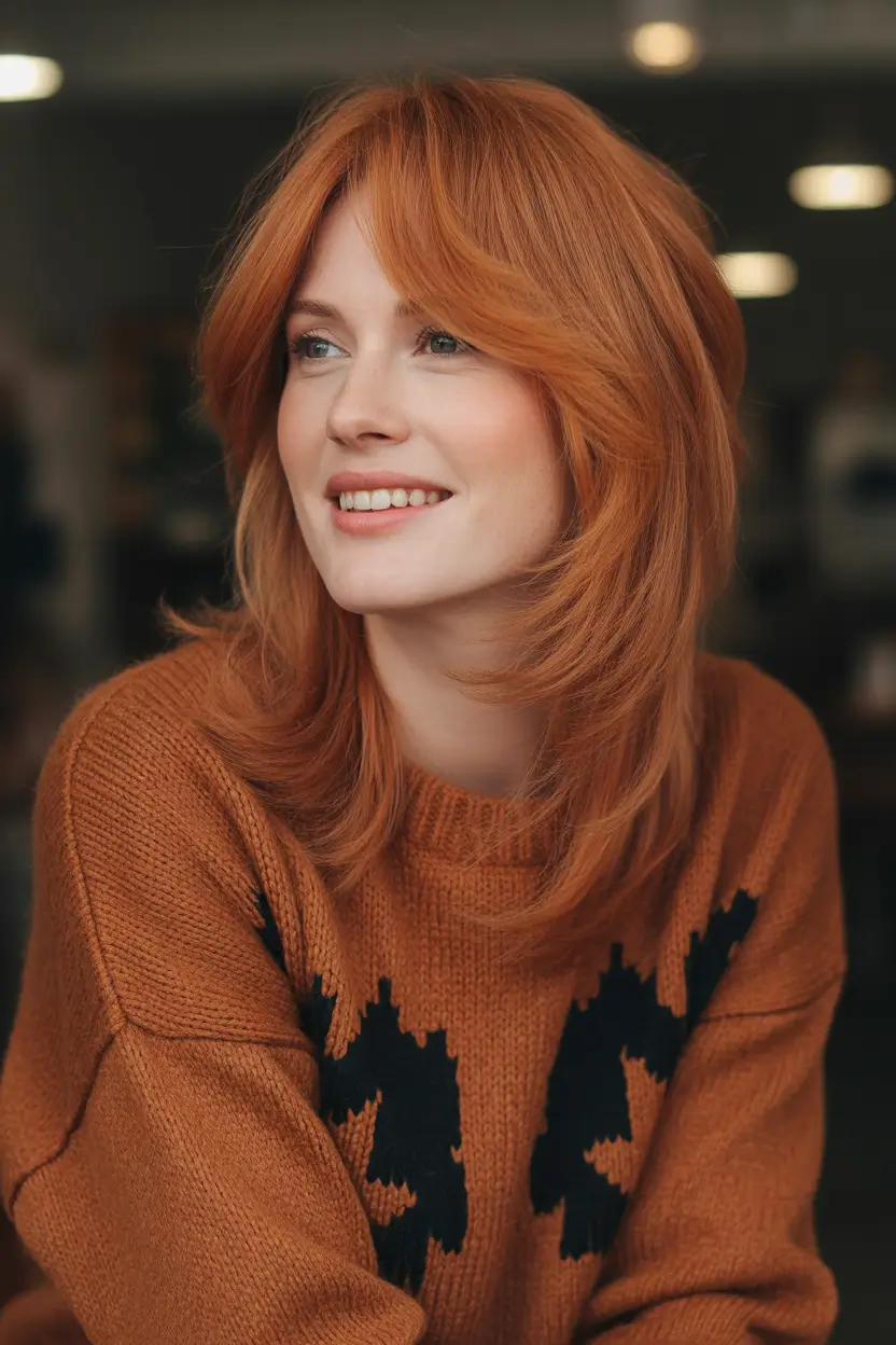 elegant spring shag hairstyle looks 2026 Burnished Copper Medium Shag with Polished Layers