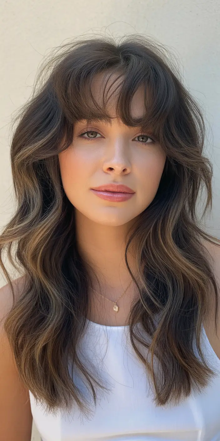 elegant spring shag hairstyle looks 2026 Deep Brunette Long Shag with Soft Curtain Bangs