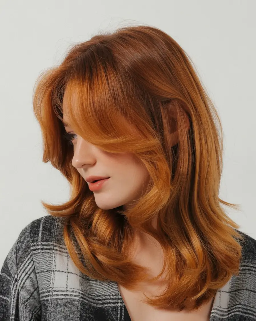 elegant spring shag hairstyle looks 2026 Glossy Auburn Medium Shag with Structured Fringe