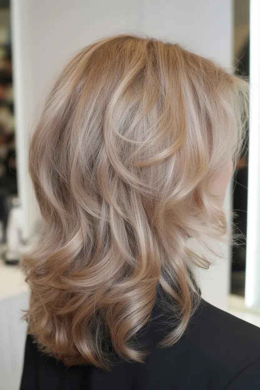 elegant spring shag hairstyle looks 2026 Honey Beige Medium Shag with Polished Waves