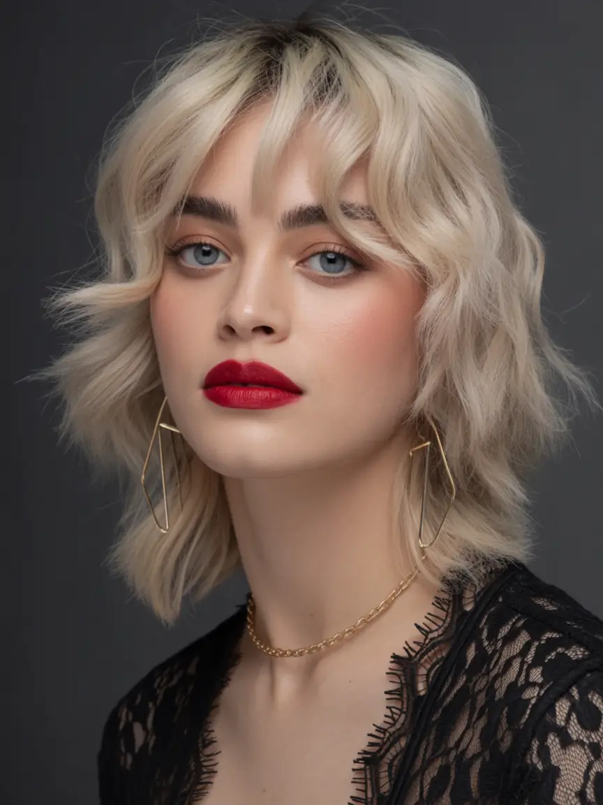 elegant spring shag hairstyle looks 2026 Short Curly Shag with Bold Fringe and Modern Edge