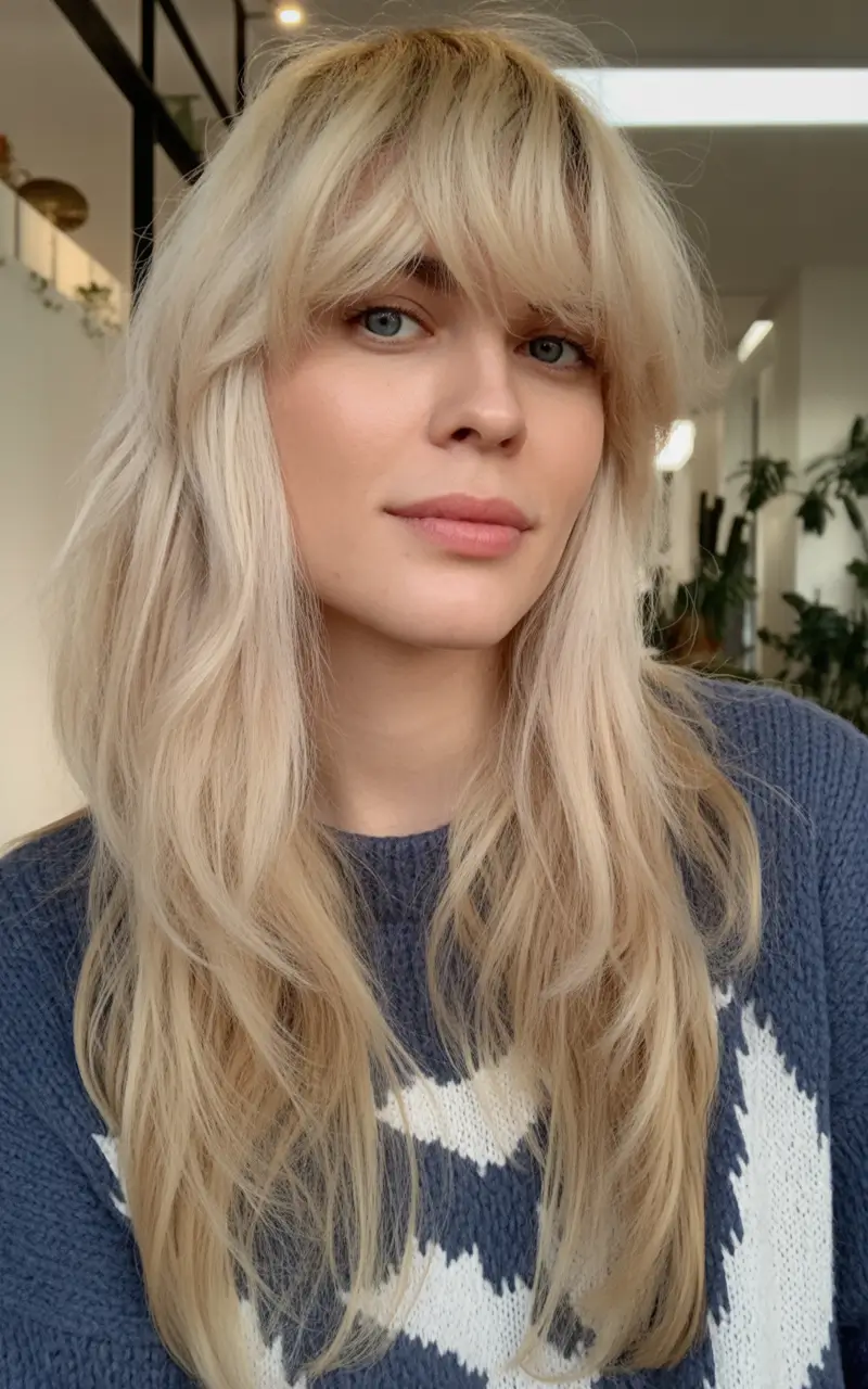 elegant spring shag hairstyle looks 2026 Long Straight Layered Shag with Wispy Bangs