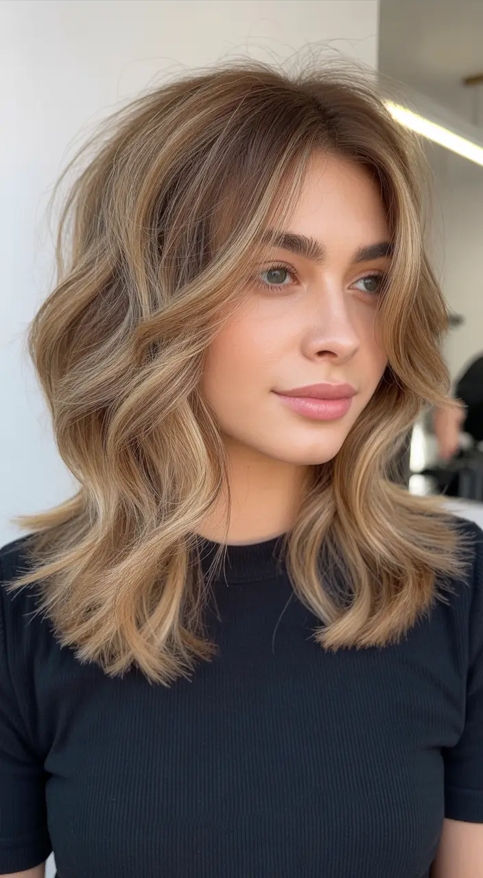 elegant spring shag hairstyle looks 2026 Golden Beige Medium No Bangs Shag with Feathered Layers