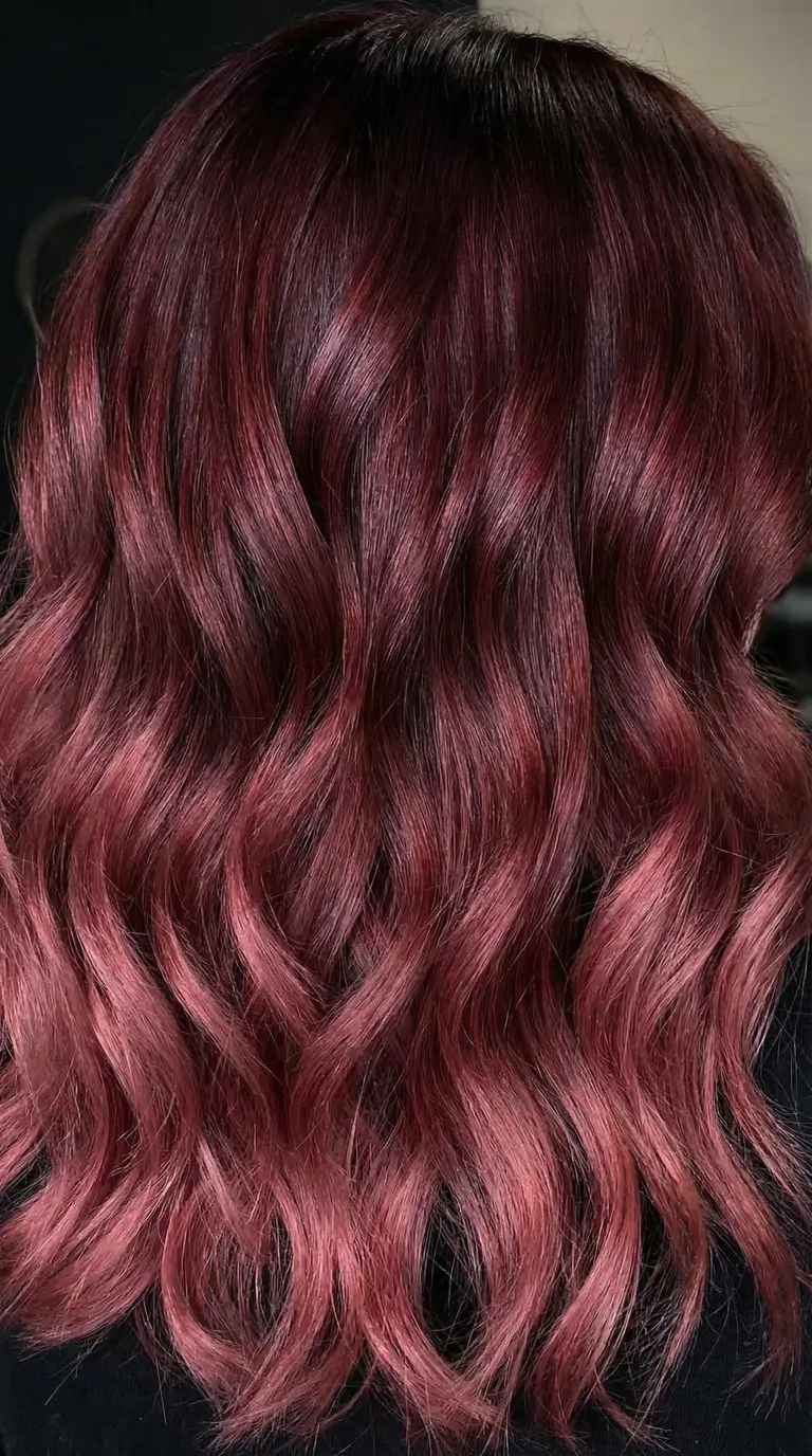 fresh spring hair color trends 2026 Deep Berry Gloss Waves for a Bold Spring Mood