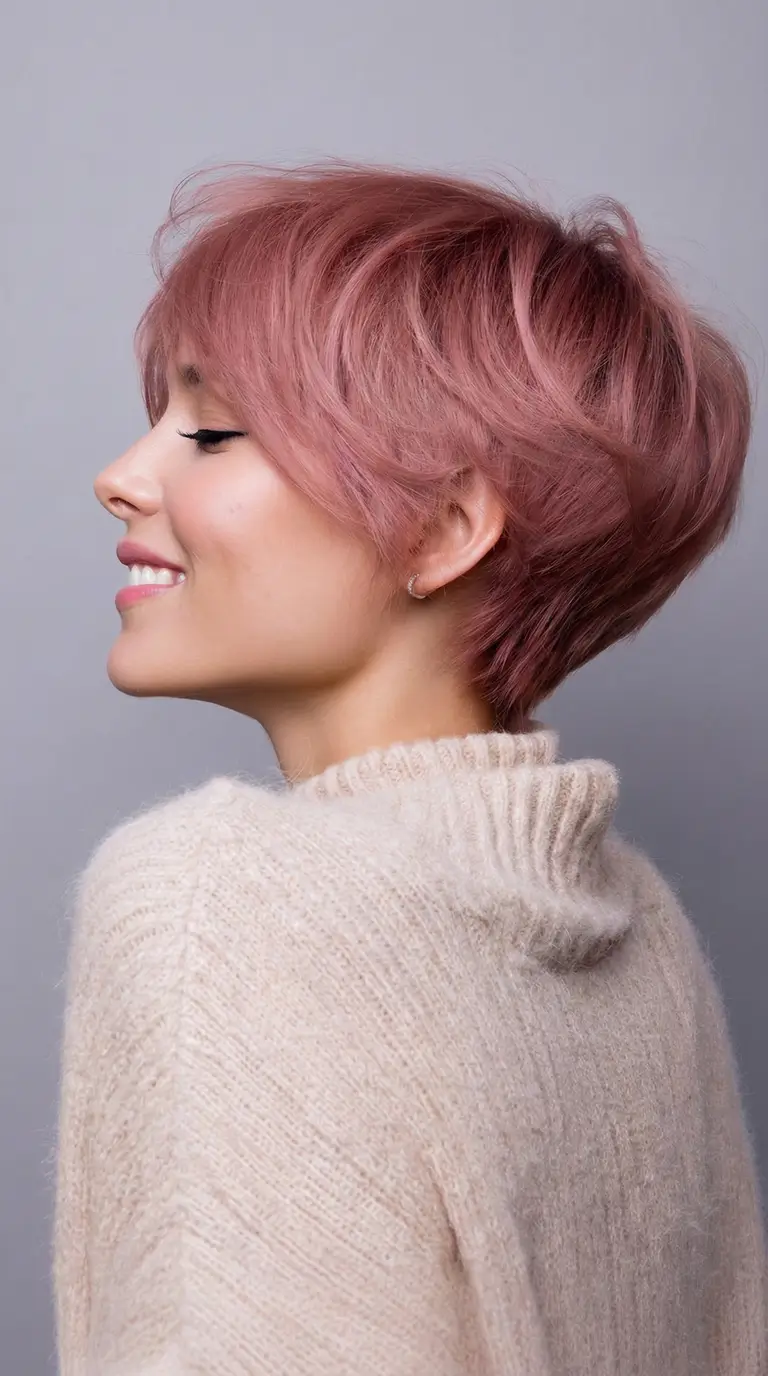 fresh spring hair color trends 2026 Dusty Rose Pixie Waves for a Soft Spring Playfulness