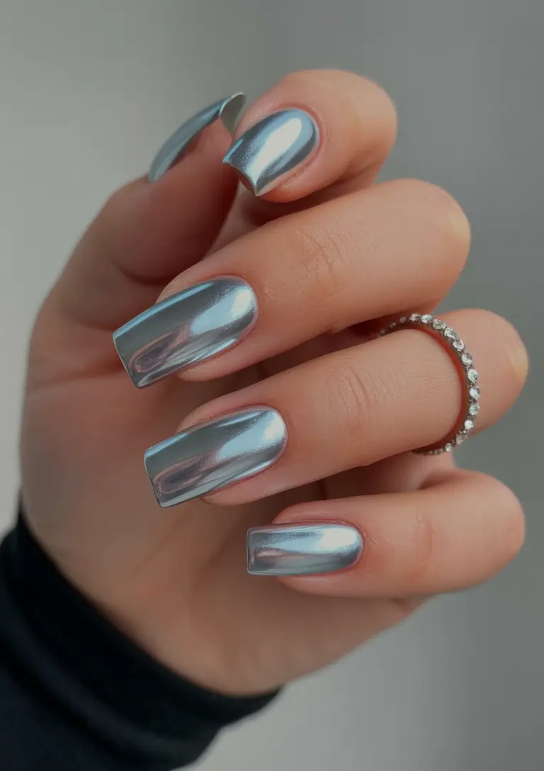 fresh spring vacation nails 2026 Mirror Chrome Square Long in Cool Silver Blue
