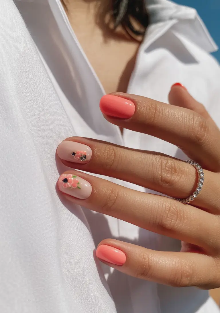 fresh spring vacation nails 2026 Soft Coral Florals for Classy Beach Brunches
