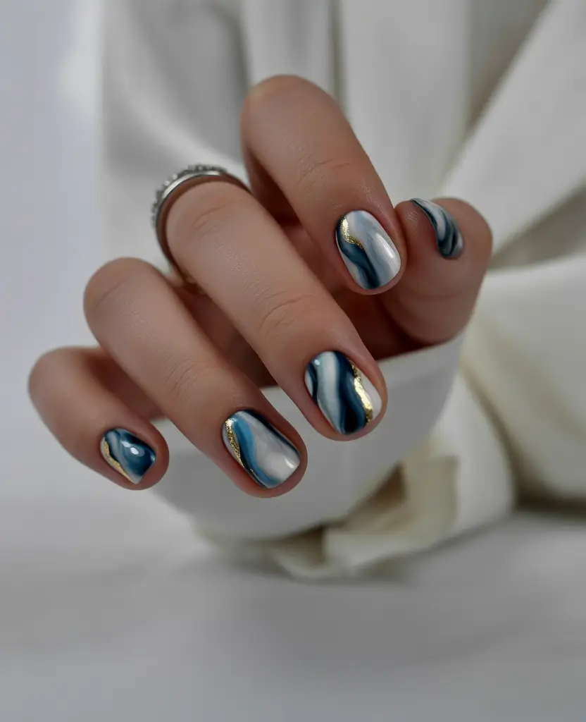 fresh spring vacation nails 2026 Ocean Marble Blue with Gold Accents