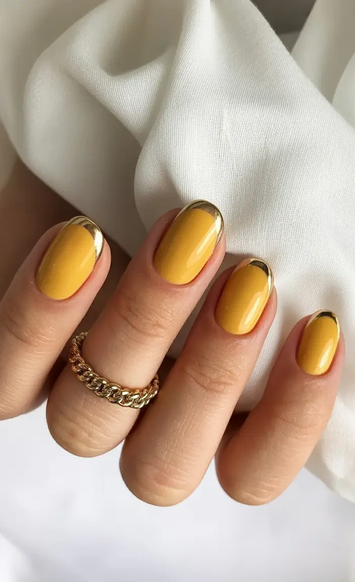 fresh spring vacation nails 2026 Mustard Yellow with Metallic Edges