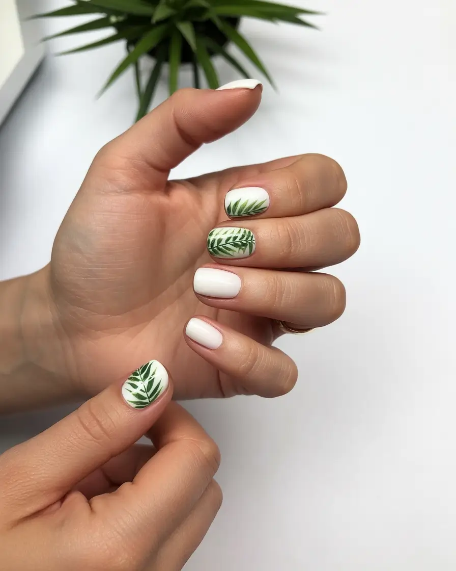 fresh spring vacation nails 2026 Minimal White and Palm Green for Short Getaways